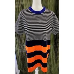 Cedric Charlier Virgin Wool Striped Knit Dress Blue Orange Black White Size 12